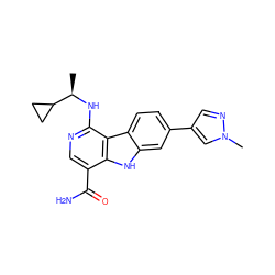 C[C@@H](Nc1ncc(C(N)=O)c2[nH]c3cc(-c4cnn(C)c4)ccc3c12)C1CC1 ZINC000072124689