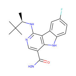 C[C@@H](Nc1ncc(C(N)=O)c2[nH]c3ccc(F)cc3c12)C(C)(C)C ZINC000072123245