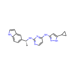 C[C@@H](Nc1nccc(Nc2cc(C3CC3)[nH]n2)n1)c1ccc2[nH]ccc2c1 ZINC000205843774