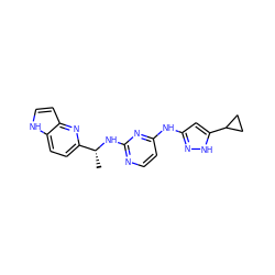 C[C@@H](Nc1nccc(Nc2cc(C3CC3)[nH]n2)n1)c1ccc2[nH]ccc2n1 ZINC000147089902