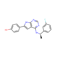 C[C@@H](Nc1ncnc2[nH]c(-c3ccc(O)cc3)cc12)c1cccc(F)c1 ZINC000073162820