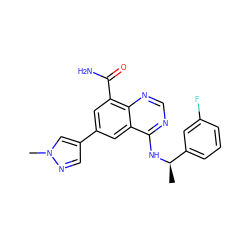 C[C@@H](Nc1ncnc2c(C(N)=O)cc(-c3cnn(C)c3)cc12)c1cccc(F)c1 ZINC000114347238