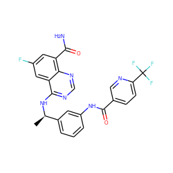 C[C@@H](Nc1ncnc2c(C(N)=O)cc(F)cc12)c1cccc(NC(=O)c2ccc(C(F)(F)F)nc2)c1 ZINC000114345585