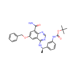 C[C@@H](Nc1ncnc2c(C(N)=O)cc(OCc3ccccc3)cc12)c1cccc(NC(=O)OC(C)(C)C)c1 ZINC000114344368