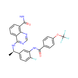 C[C@@H](Nc1ncnc2c(C(N)=O)cccc12)c1ccc(F)c(NC(=O)c2ccc(OC(F)(F)F)cc2)c1 ZINC000114348716