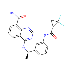 C[C@@H](Nc1ncnc2c(C(N)=O)cccc12)c1cccc(NC(=O)[C@@H]2CC2(F)F)c1 ZINC000114344546