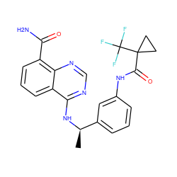 C[C@@H](Nc1ncnc2c(C(N)=O)cccc12)c1cccc(NC(=O)C2(C(F)(F)F)CC2)c1 ZINC000114345127