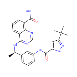 C[C@@H](Nc1ncnc2c(C(N)=O)cccc12)c1cccc(NC(=O)c2cc(C(C)(C)C)n[nH]2)c1 ZINC000068245987