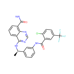 C[C@@H](Nc1ncnc2c(C(N)=O)cccc12)c1cccc(NC(=O)c2cc(C(F)(F)F)ccc2Cl)c1 ZINC000114348358