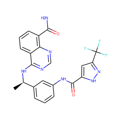 C[C@@H](Nc1ncnc2c(C(N)=O)cccc12)c1cccc(NC(=O)c2cc(C(F)(F)F)n[nH]2)c1 ZINC000114345258