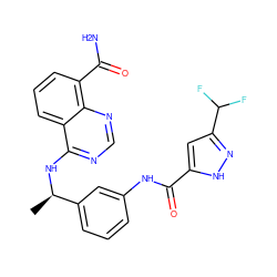 C[C@@H](Nc1ncnc2c(C(N)=O)cccc12)c1cccc(NC(=O)c2cc(C(F)F)n[nH]2)c1 ZINC000166942743