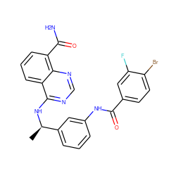 C[C@@H](Nc1ncnc2c(C(N)=O)cccc12)c1cccc(NC(=O)c2ccc(Br)c(F)c2)c1 ZINC000114347190