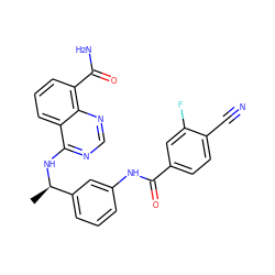 C[C@@H](Nc1ncnc2c(C(N)=O)cccc12)c1cccc(NC(=O)c2ccc(C#N)c(F)c2)c1 ZINC000114348665