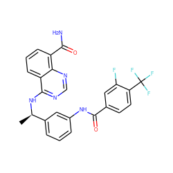 C[C@@H](Nc1ncnc2c(C(N)=O)cccc12)c1cccc(NC(=O)c2ccc(C(F)(F)F)c(F)c2)c1 ZINC000114346841