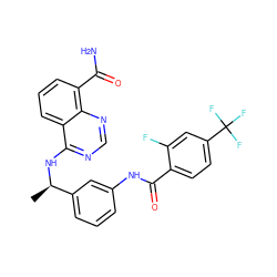 C[C@@H](Nc1ncnc2c(C(N)=O)cccc12)c1cccc(NC(=O)c2ccc(C(F)(F)F)cc2F)c1 ZINC000114347541