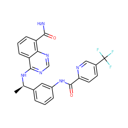 C[C@@H](Nc1ncnc2c(C(N)=O)cccc12)c1cccc(NC(=O)c2ccc(C(F)(F)F)cn2)c1 ZINC000114345892