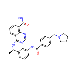 C[C@@H](Nc1ncnc2c(C(N)=O)cccc12)c1cccc(NC(=O)c2ccc(CN3CCCC3)cc2)c1 ZINC000114346005