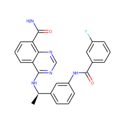 C[C@@H](Nc1ncnc2c(C(N)=O)cccc12)c1cccc(NC(=O)c2cccc(F)c2)c1 ZINC000114345488