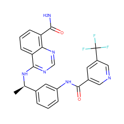 C[C@@H](Nc1ncnc2c(C(N)=O)cccc12)c1cccc(NC(=O)c2cncc(C(F)(F)F)c2)c1 ZINC000114350429