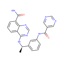 C[C@@H](Nc1ncnc2c(C(N)=O)cccc12)c1cccc(NC(=O)c2cncnc2)c1 ZINC000114353132