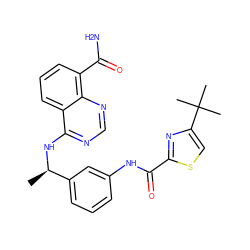 C[C@@H](Nc1ncnc2c(C(N)=O)cccc12)c1cccc(NC(=O)c2nc(C(C)(C)C)cs2)c1 ZINC000114345080