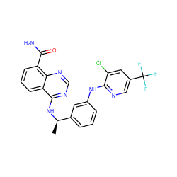 C[C@@H](Nc1ncnc2c(C(N)=O)cccc12)c1cccc(Nc2ncc(C(F)(F)F)cc2Cl)c1 ZINC000114346611