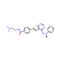 C[C@@H](Nc1ncnc2sc(-c3ccc(C(=O)NCCN(C)C)cc3)cc12)c1ccccc1 ZINC000653692850