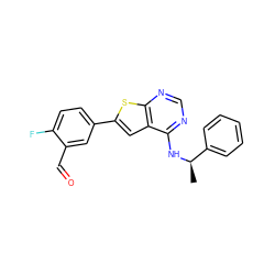 C[C@@H](Nc1ncnc2sc(-c3ccc(F)c(C=O)c3)cc12)c1ccccc1 ZINC000653705285