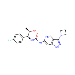 C[C@@H](O)[C@@H](NC(=O)Nc1cc2[nH]nc(N3CCC3)c2cn1)c1ccc(F)cc1 ZINC001772589269