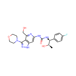 C[C@@H](O)[C@@H](NC(=O)Nc1cc2[nH]nc(N3CCOCC3)c2c(CO)n1)c1ccc(F)cc1 ZINC000210720584