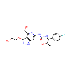 C[C@@H](O)[C@@H](NC(=O)Nc1cc2[nH]nc(OCCO)c2c(CO)n1)c1ccc(F)cc1 ZINC000209333775