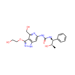 C[C@@H](O)[C@@H](NC(=O)Nc1cc2[nH]nc(OCCO)c2c(CO)n1)c1ccccc1 ZINC000209333712