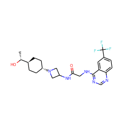 C[C@@H](O)[C@H]1CC[C@H](N2CC(NC(=O)CNc3ncnc4ccc(C(F)(F)F)cc34)C2)CC1 ZINC000149169174