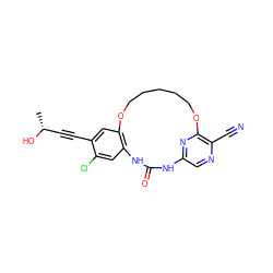 C[C@@H](O)C#Cc1cc2c(cc1Cl)NC(=O)Nc1cnc(C#N)c(n1)OCCCCCO2 ZINC000014958331