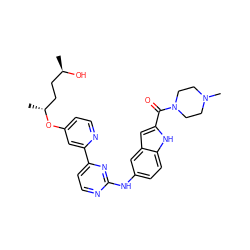 C[C@@H](O)CC[C@@H](C)Oc1ccnc(-c2ccnc(Nc3ccc4[nH]c(C(=O)N5CCN(C)CC5)cc4c3)n2)c1 ZINC000144191908