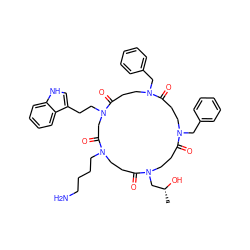 C[C@@H](O)CN1CCC(=O)N(Cc2ccccc2)CCC(=O)N(Cc2ccccc2)CCC(=O)N(CCc2c[nH]c3ccccc23)CC(=O)N(CCCCN)CCC1=O ZINC000169330778