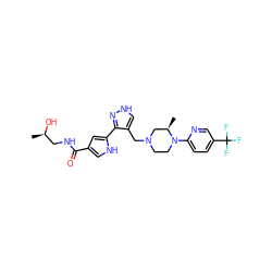 C[C@@H](O)CNC(=O)c1c[nH]c(-c2n[nH]cc2CN2CCN(c3ccc(C(F)(F)F)cn3)[C@H](C)C2)c1 ZINC000149806264