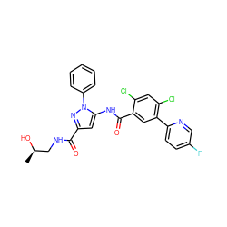 C[C@@H](O)CNC(=O)c1cc(NC(=O)c2cc(-c3ccc(F)cn3)c(Cl)cc2Cl)n(-c2ccccc2)n1 ZINC001772639836