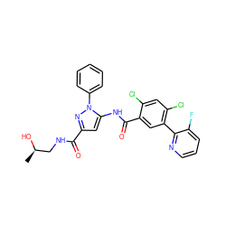 C[C@@H](O)CNC(=O)c1cc(NC(=O)c2cc(-c3ncccc3F)c(Cl)cc2Cl)n(-c2ccccc2)n1 ZINC001772628131