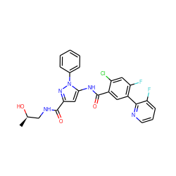 C[C@@H](O)CNC(=O)c1cc(NC(=O)c2cc(-c3ncccc3F)c(F)cc2Cl)n(-c2ccccc2)n1 ZINC001772608461