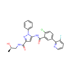 C[C@@H](O)CNC(=O)c1cc(NC(=O)c2cc(-c3ncccc3F)ccc2Cl)n(-c2ccccc2)n1 ZINC001772640938