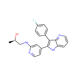 C[C@@H](O)CNc1cc(-c2[nH]c3cccnc3c2-c2ccc(F)cc2)ccn1 ZINC000013528389