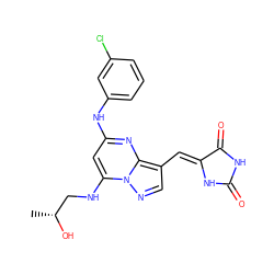 C[C@@H](O)CNc1cc(Nc2cccc(Cl)c2)nc2c(/C=C3\NC(=O)NC3=O)cnn12 ZINC000117822864