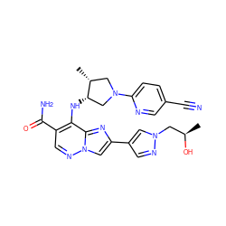 C[C@@H](O)Cn1cc(-c2cn3ncc(C(N)=O)c(N[C@H]4CN(c5ccc(C#N)cn5)C[C@H]4C)c3n2)cn1 ZINC001772630153