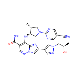 C[C@@H](O)Cn1cc(-c2cn3ncc(C(N)=O)c(N[C@H]4CN(c5ncc(C#N)cn5)C[C@H]4C)c3n2)cn1 ZINC001772644169