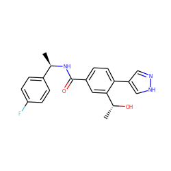 C[C@@H](O)c1cc(C(=O)N[C@H](C)c2ccc(F)cc2)ccc1-c1cn[nH]c1 ZINC000223795108