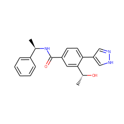 C[C@@H](O)c1cc(C(=O)N[C@H](C)c2ccccc2)ccc1-c1cn[nH]c1 ZINC000224679273