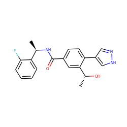 C[C@@H](O)c1cc(C(=O)N[C@H](C)c2ccccc2F)ccc1-c1cn[nH]c1 ZINC001772582675