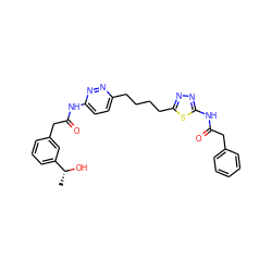 C[C@@H](O)c1cccc(CC(=O)Nc2ccc(CCCCc3nnc(NC(=O)Cc4ccccc4)s3)nn2)c1 ZINC000169698606