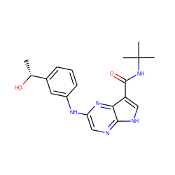 C[C@@H](O)c1cccc(Nc2cnc3[nH]cc(C(=O)NC(C)(C)C)c3n2)c1 ZINC000145134007